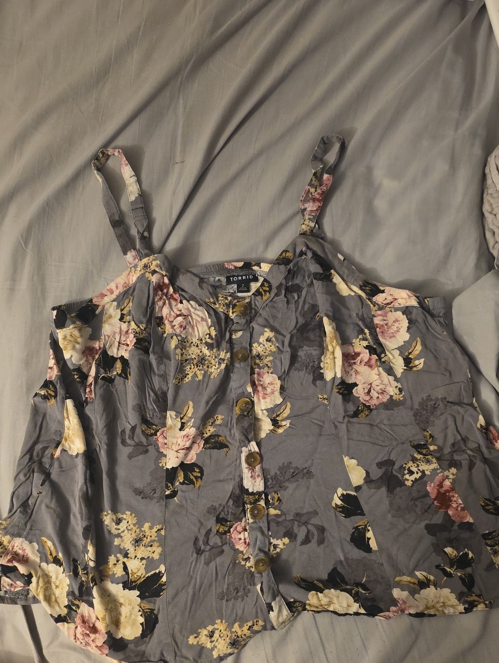 torrid Gray Floral Button-Front Cold Shoulder Cami